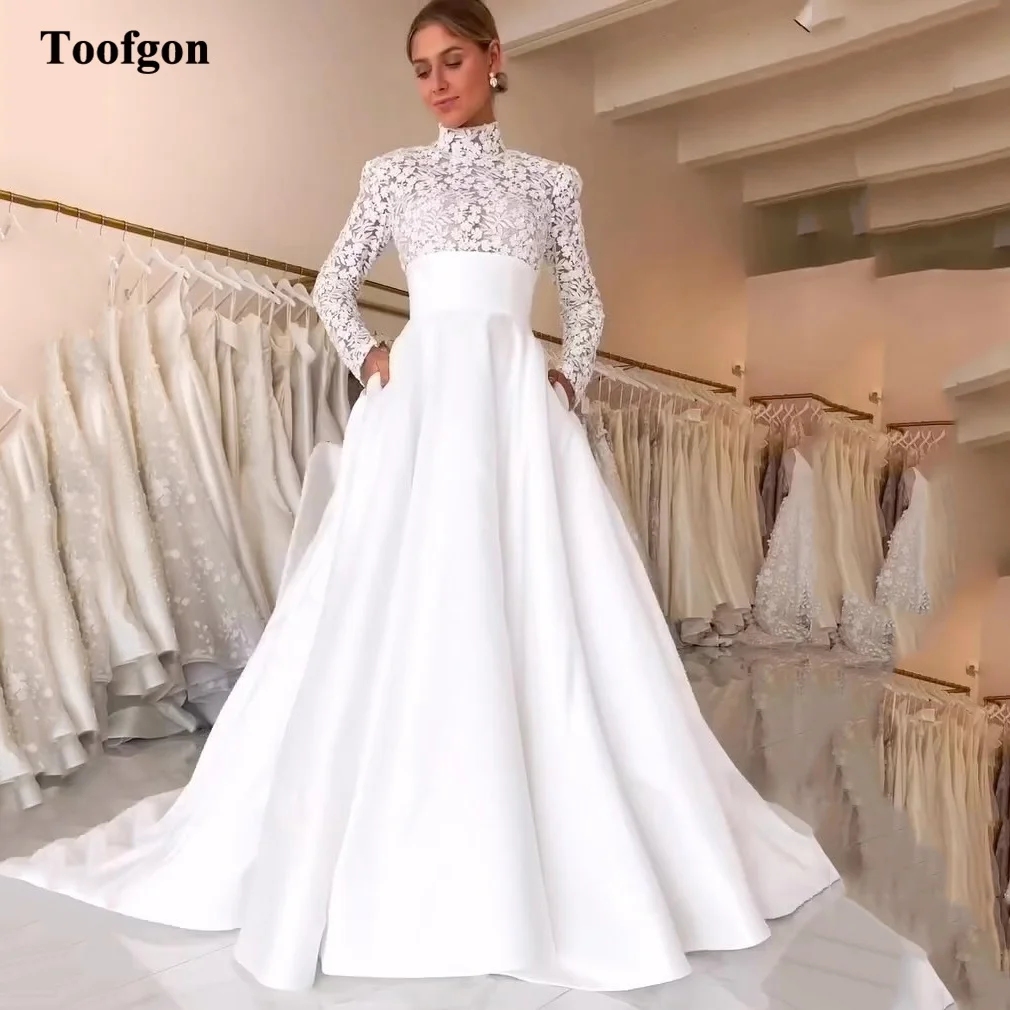 Toofgon-A Linha De Cetim Vestidos De Noiva, Vestidos De Noiva, Modest Gola Alta, Manga Comprida, Wedding Party Vestidos, Princesa Vestidos De Noiva Longos