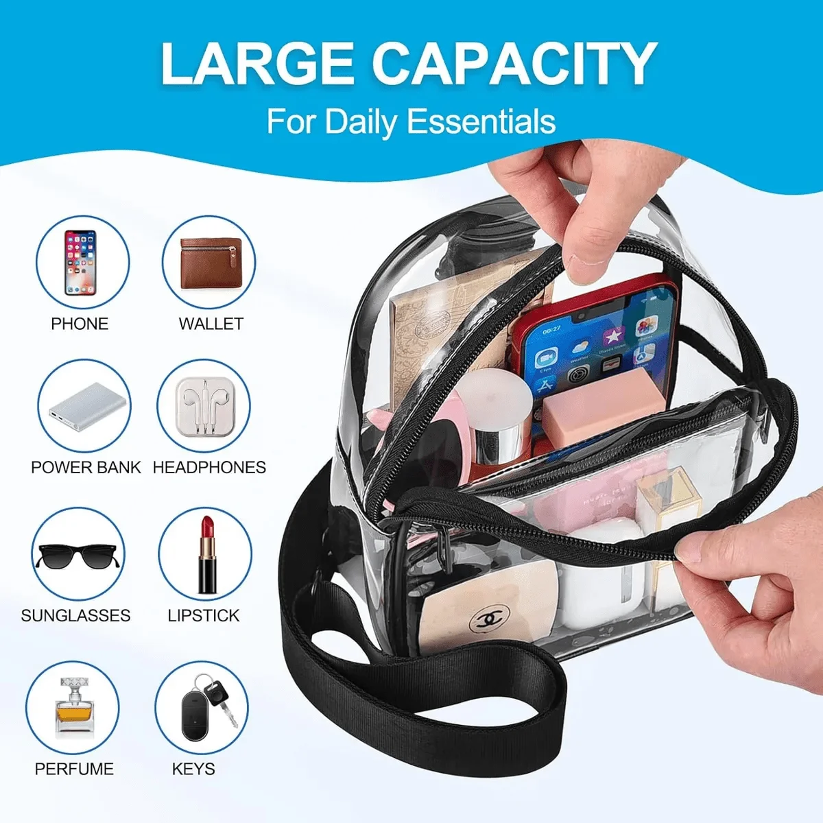حقيبة صدر شفافة من مادة PVC - حقيبة كتف شفافة للعودة إلى المدرسة والرياضة والحفلات الموسيقية والسفر