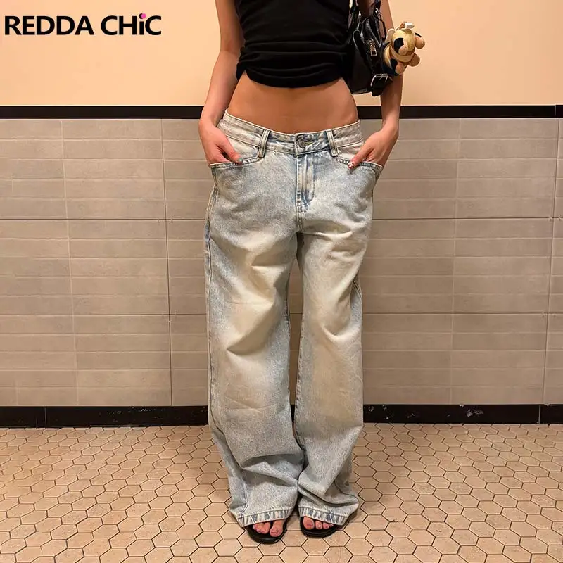 REDDACHiC Light Wash Women Wide Leg Jeans Korea Plain Distressed Straight Deconstructed Pocket Denim Pants Versatile Streetwear