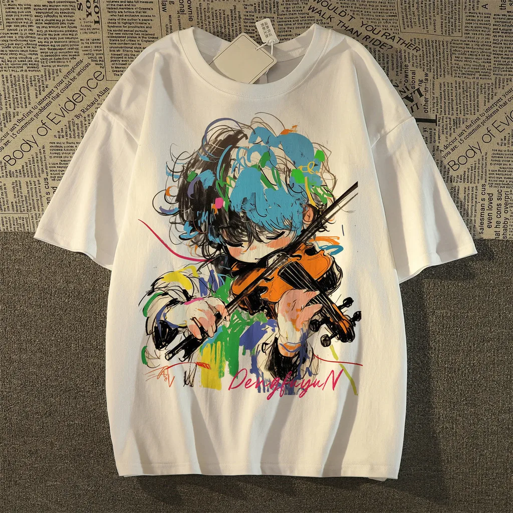 Camiseta de manga corta con estampado de violín de dibujos animados de verano, camiseta holgada sencilla de moda para hombres y mujeres