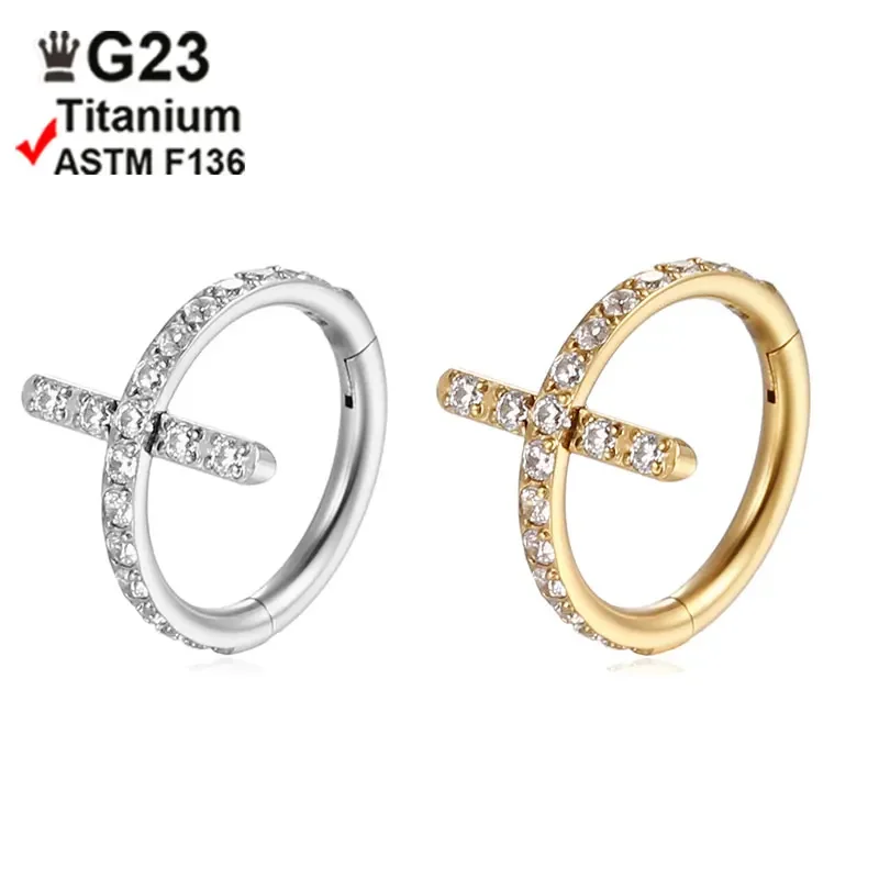 

G23 Titanium Nose Rings Cross Piercing Clicker Septum Zircon Cartilage Earrings Tragus Hoop Daith Helix Body Jewelry Wholesale