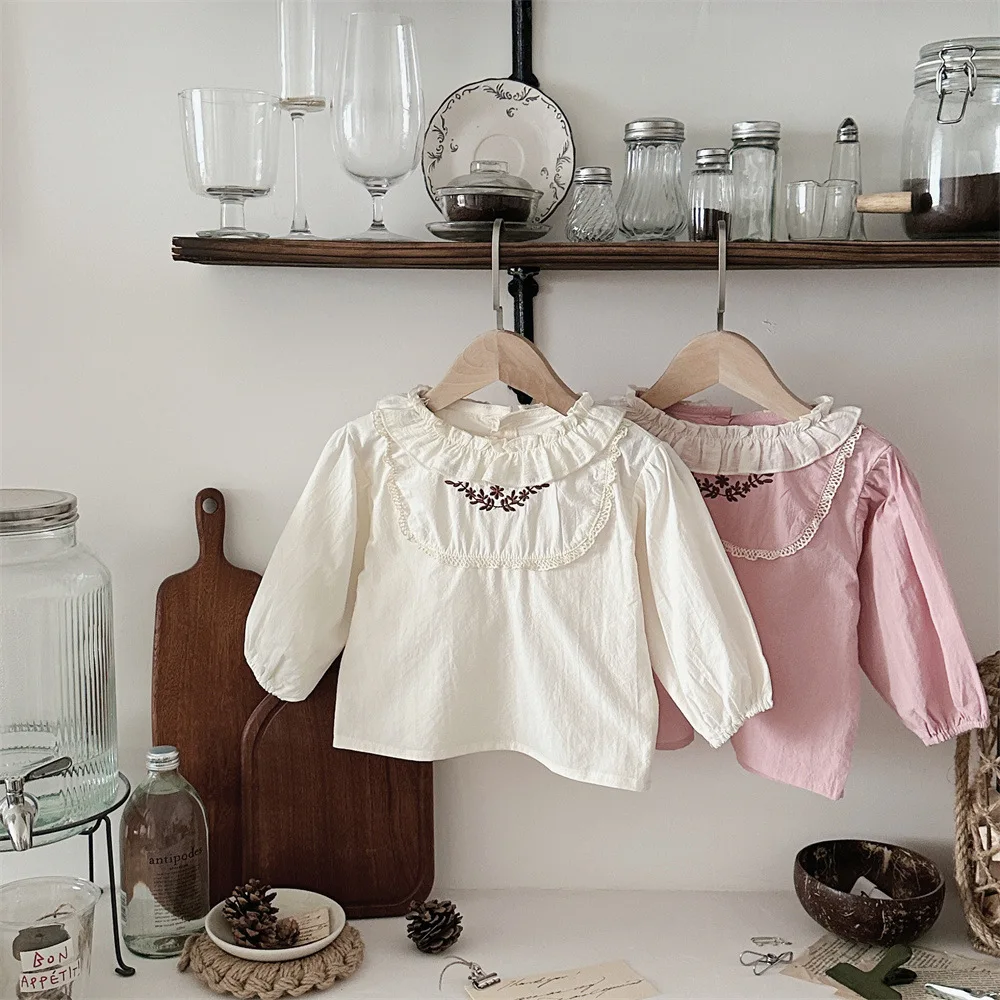 Spring and Autumn Infant Chiffon Zou Zou Small Lotus Leaf Collar Chest Embroidery Long Sleeve Shirt Female Treasure Top