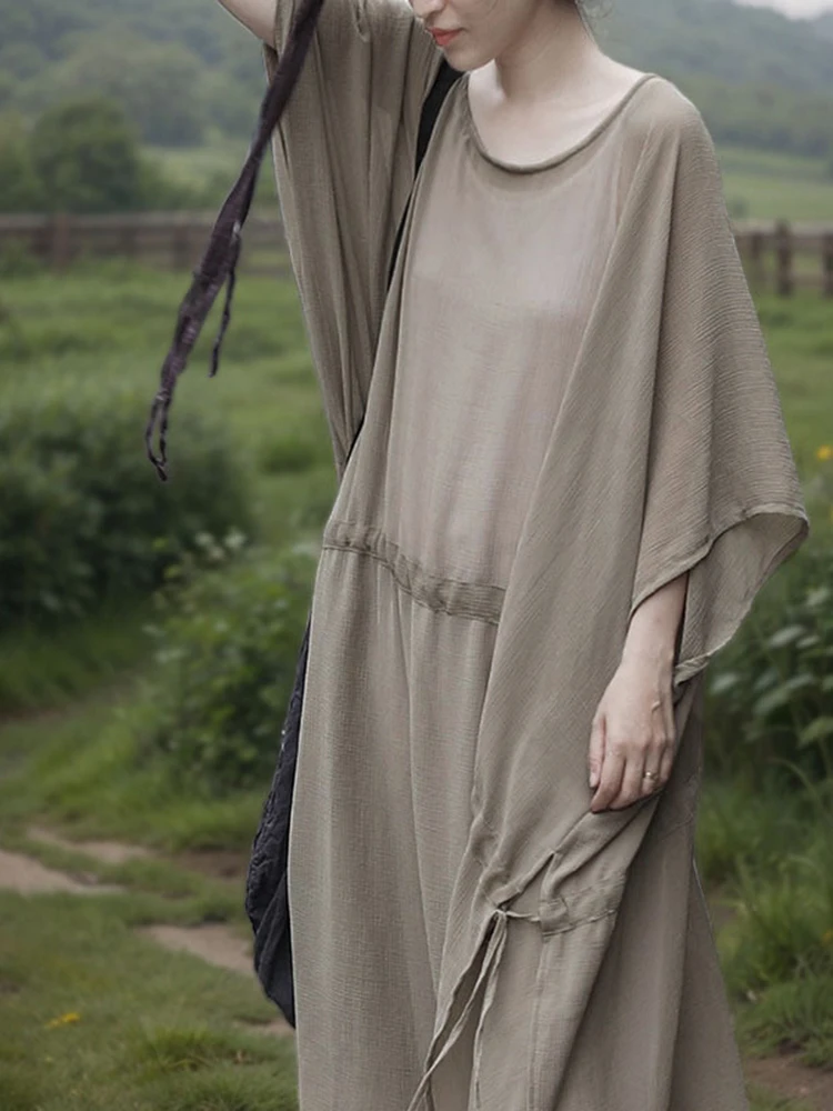 

Oversized Women Casual Dress New 2025 Summer Vintage Style O-neck Solid Color Loose Female Batwing Sleeve Long Dresses M1705