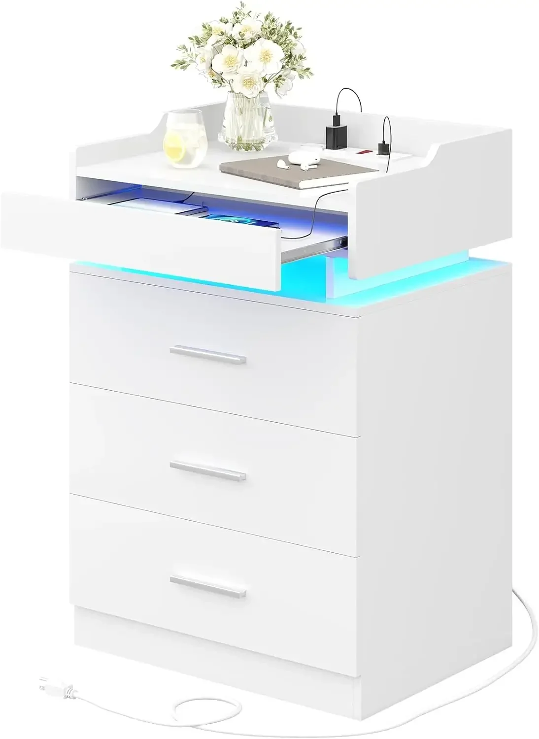 

% Большая тумбочка с зарядной станцией и светодиодной подсветкой, белая прикроватная тумбочка с 3 ящиками и 1 выдвижным подносом, современная прикроватная тумбочка T