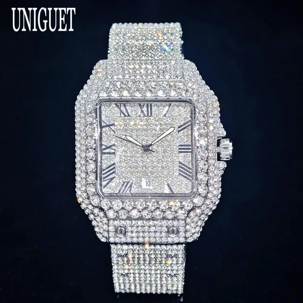 UNIGUET Couple Watch Fashion Roman Literal Square Quartz Watches For Man For Women Full Iced Diamond Jewelry Bling relógio