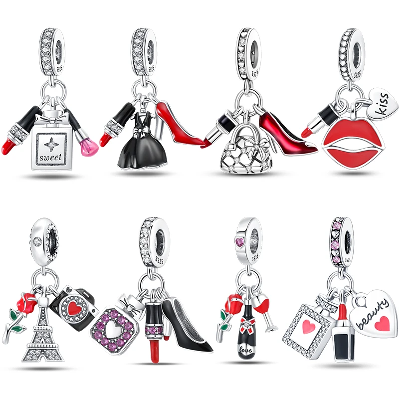 Original S925 Silvering High Heels Lipstick Perfume Bottle Charms Pendant Beads For DIY Bracelet Women Party Jewelry Gifts