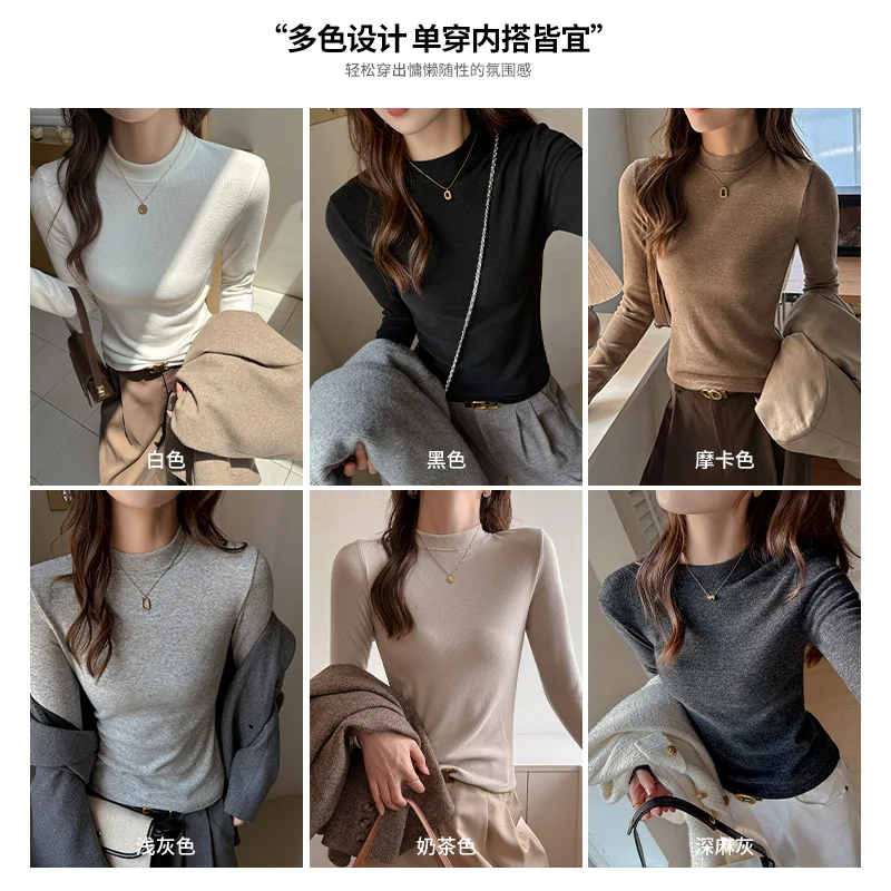 Fotografia 3: Camisa Base de Malha com Gola Alta em Imitação de Cashmere Cinza para Mulheres, T-Shirt de Ombro Regular para Outono e Inverno com Alta Qualidade