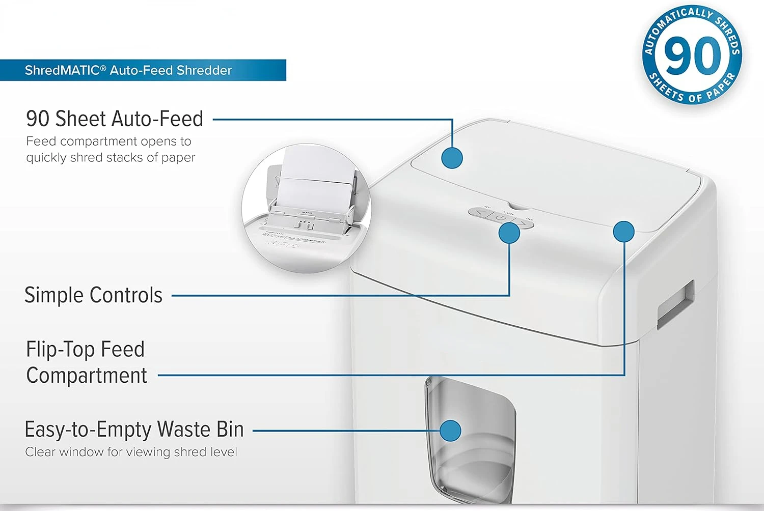 Auto-Feed Paper Shredder, 90 Sheet Feed Tray, Oil-Free, Jam Protection, Security Level P-4, 1-2 Users