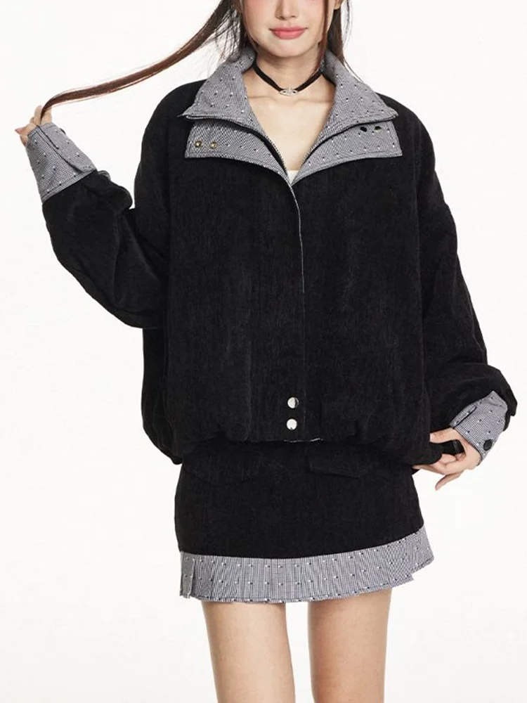 

Retro American Cotton Jaet for Women ort Sle Patchwork Motorcycle Clothes Autumn Winter New Arrival Small Size Top