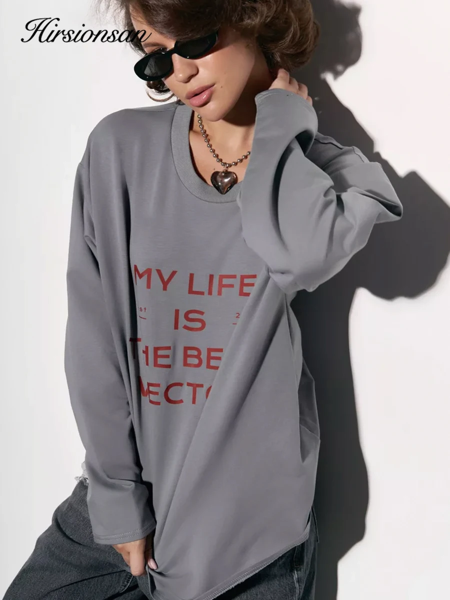 

Женская футболка с длинными рукавами и принтом Hirsionsan, свободный крой из чистого хлопка, базовый топ с круглым вырезом