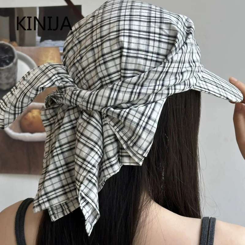 Retro Contrasting Color Plaid Fashion Sun Hats for Women Summer Outdoor Leisure Sunscreen Personalized Strap Headscarf Cap