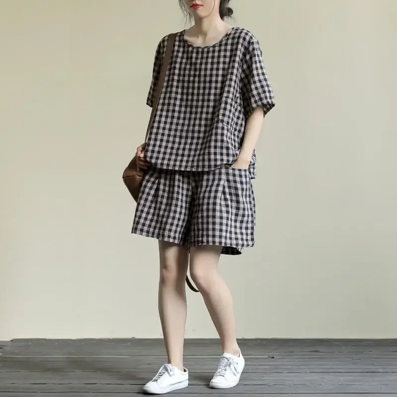 Losse T-shirtsets Literaire zomer Damespakken Geruite t-shirt met korte mouwen Vijfpuntsbroek Ademende shorts Casual 2-delige set