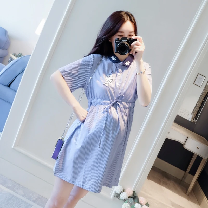 Vestido Camisa de Verão para Gestantes, Estilo Coreano, Manga Curta, Casual, Elegante, Antienvelhecimento, Camada Base para Mulheres Grávidas