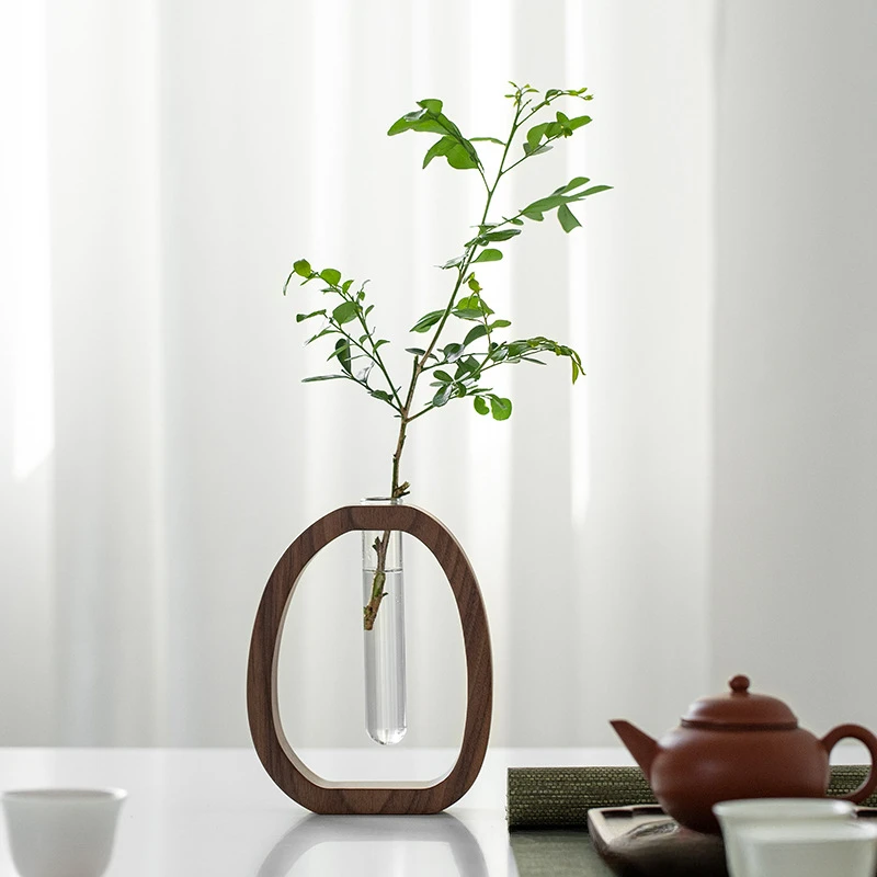 Walnut solid wood flower ware Creative flower arrangement decoration Simple glass plant flower stand mini water-cultured vase