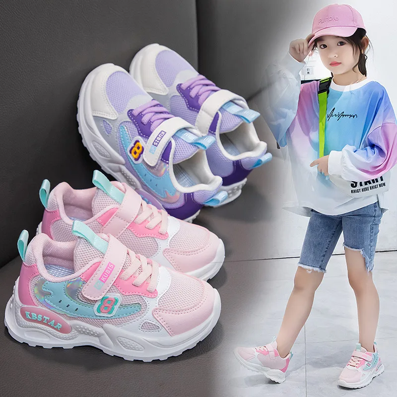 Children's Sneakers Girls Outwear Sports Shoes Lovely Pink Purple Casual Shoes Mesh Breathable Students Lightweight Running Shoe