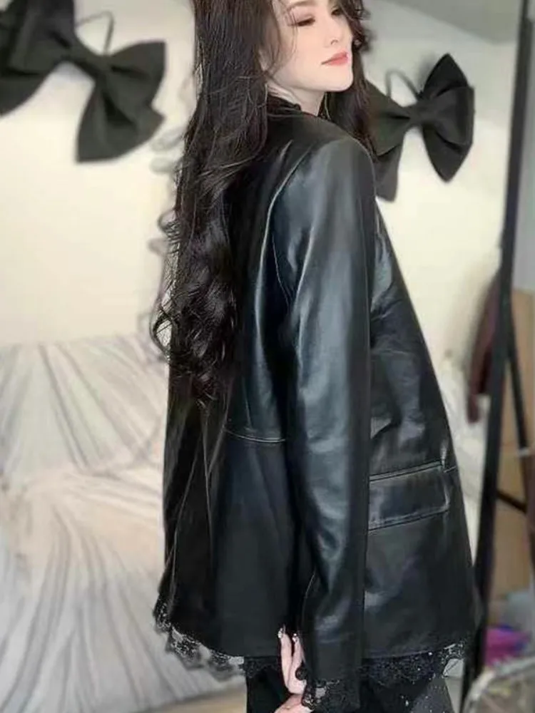 オフィスレディース V ネックシープスキンジャケットシングルブレスト本革カジュアルミッドレングススーツジャケットファッションレーススプライスコート