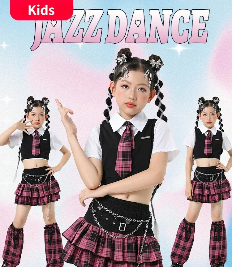 

Укороченный топ, клетчатые юбки для уличных танцев, детские костюмы для милых джазовых болельщиков, детская уличная одежда, одежда для девочек Y2K, одежда в стиле хип-хоп