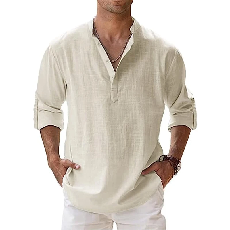 New Mens Linen Henley Collar Cotton Shirts Casual Long Sleeve Shirt Button Down Loose T-Shirt for Men