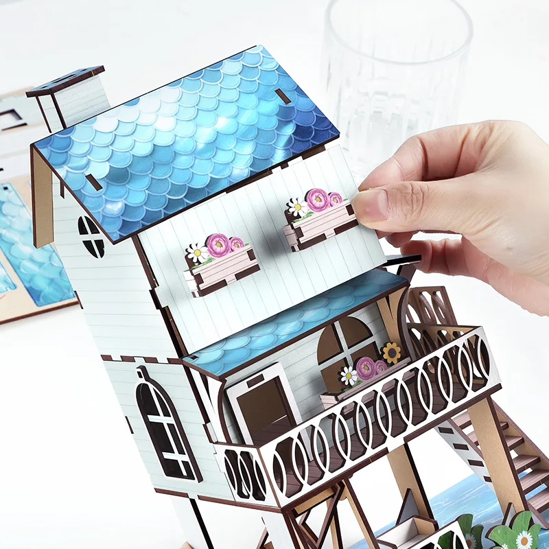 DIYWooden 3D Puzzle Seaview Villa Model,2-StoryCreativeBuilding Kit,Montessori Educational Toy&RealisticArchitecture Desktop toy
