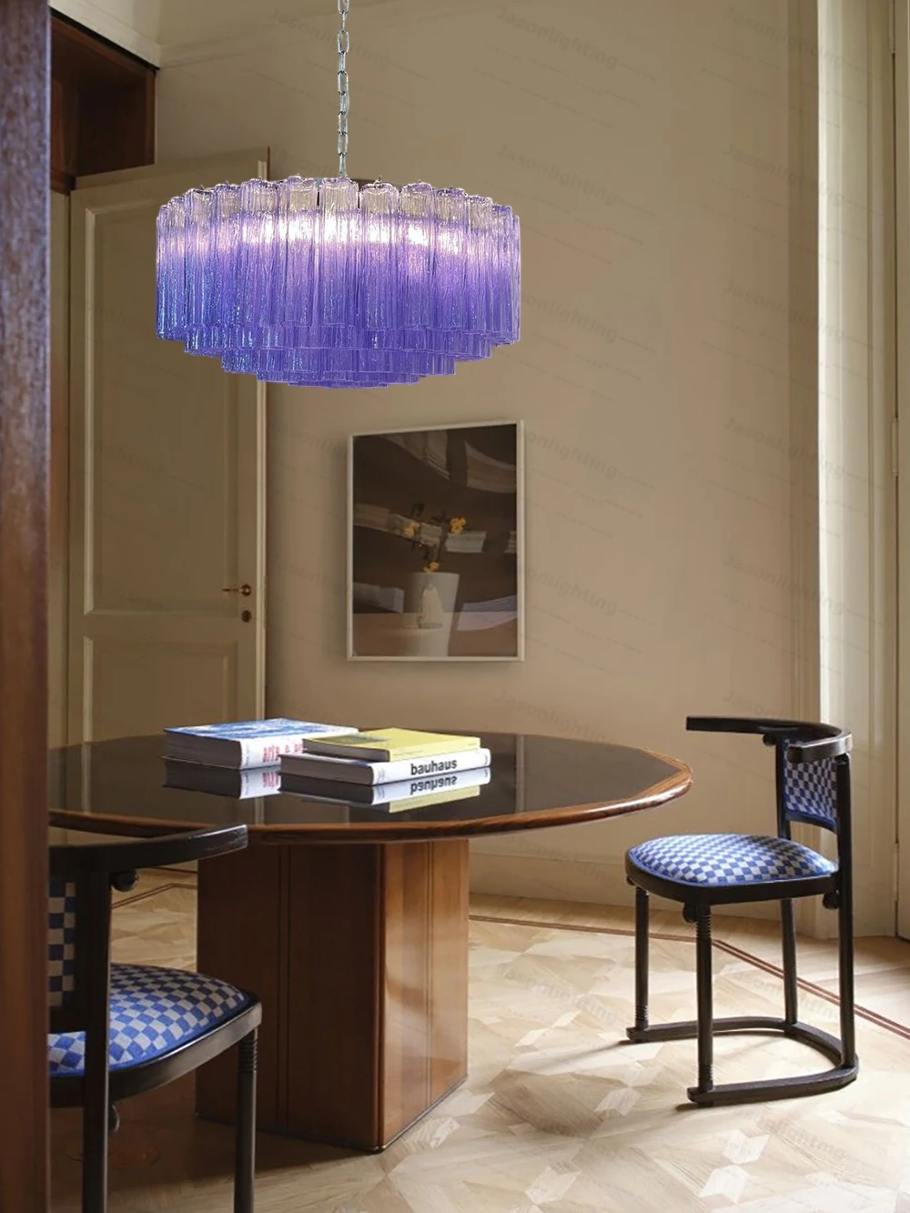 Home French Glass Art Round Dimmable LED Chandelier