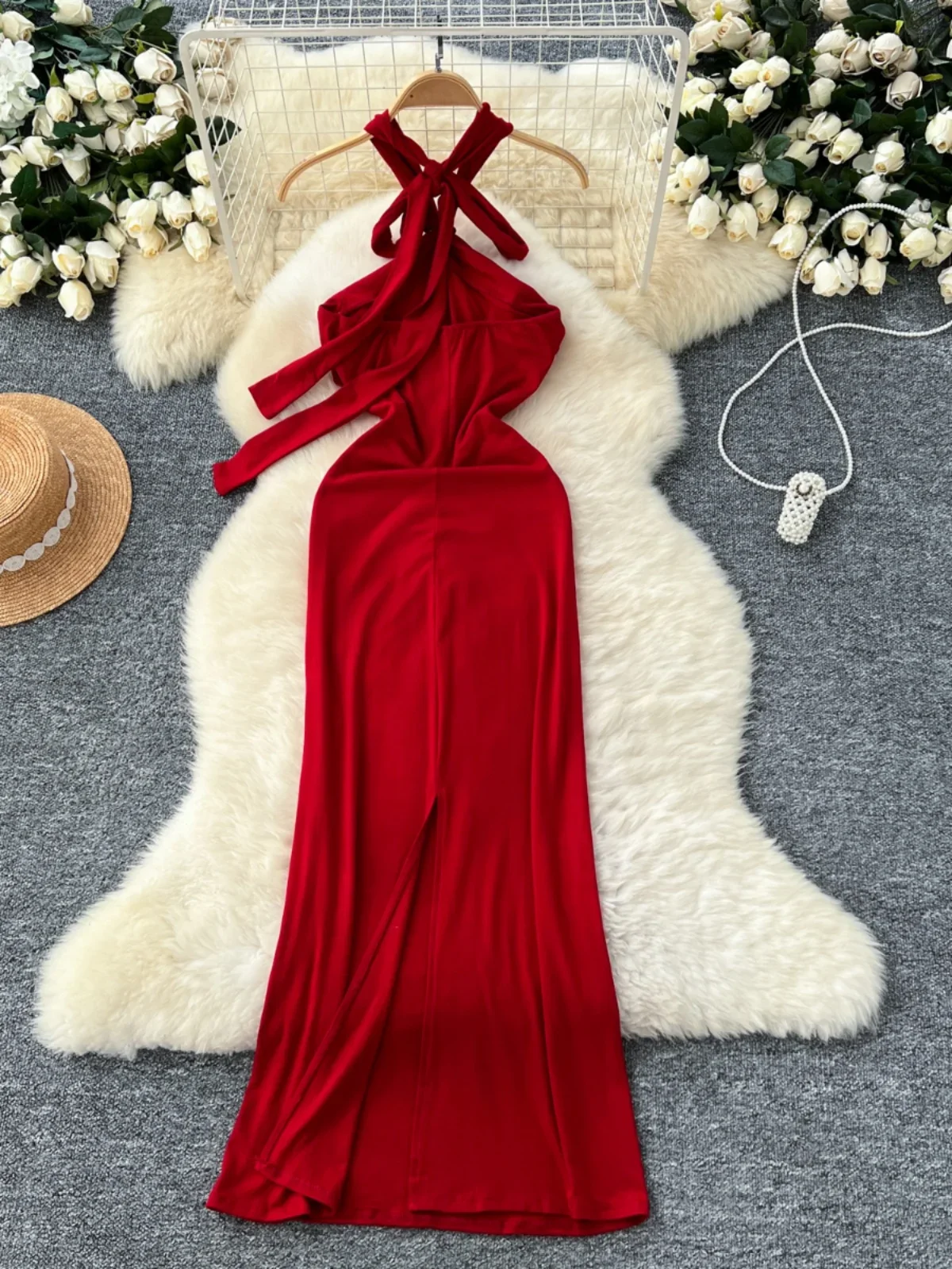 Foamlina women's bodycon long party dress female hollow metal buckle hanging neck strap waist slimming dresses female