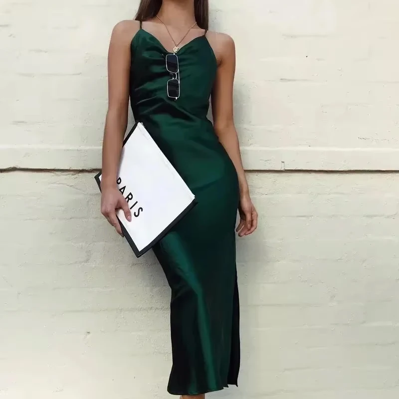 New Elegant Green Sexy V-neck Slit Camisole Slim Fit Women's Dress Summer Sleeveless Straight Simple Fashion Mid Length Dress