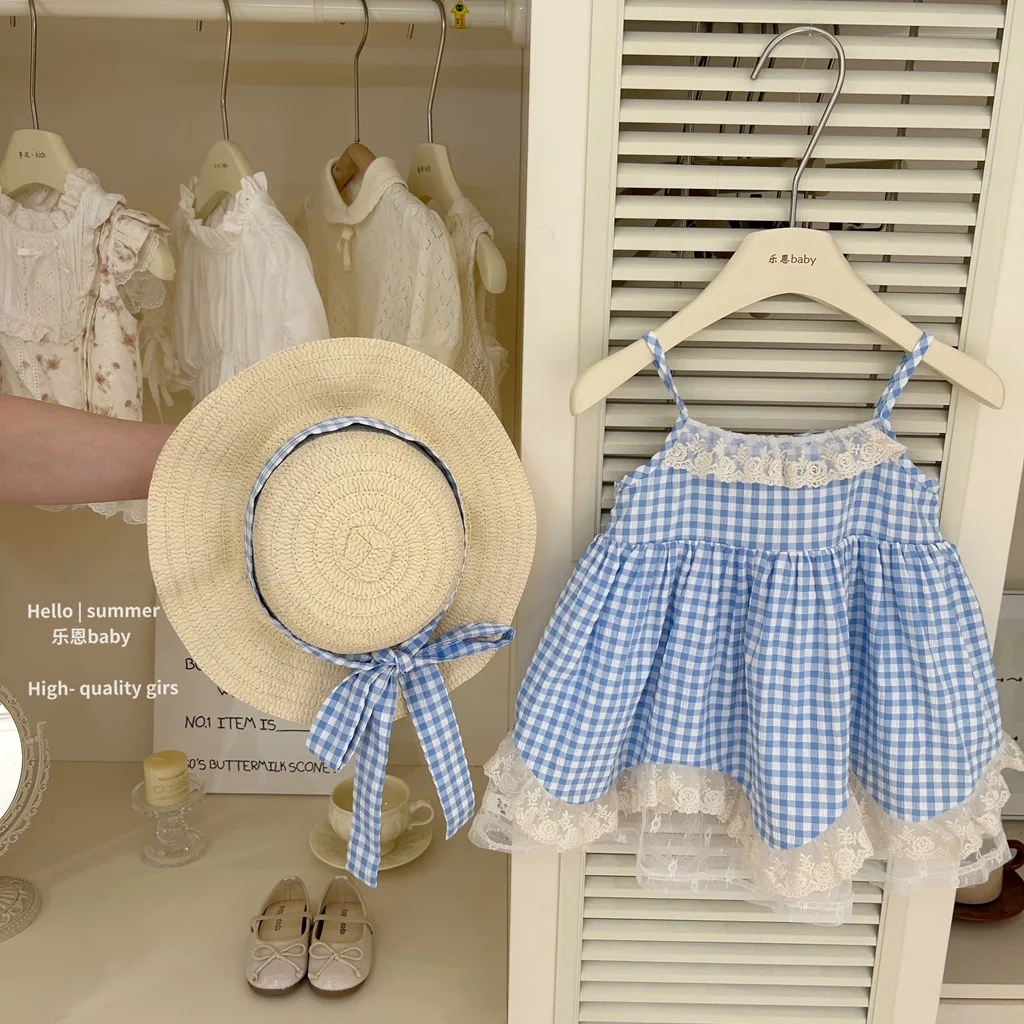 

Girls Summer New Blue Plaid Camisole Lace Dress 2025 New Children Clothing Girls Sweet Sleeveless Dress