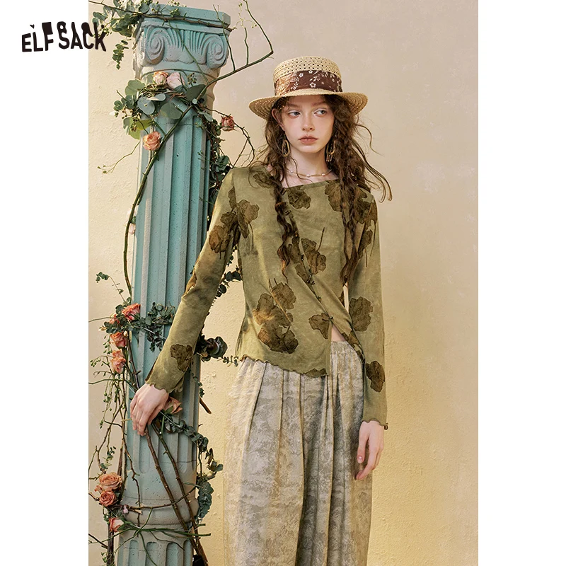 ELFSACK Women's Asymmetrical Long Sleeve T-shirt with Floral Print, Vintage Lettuce Trim Tee, Chic Casual Slim Blouse