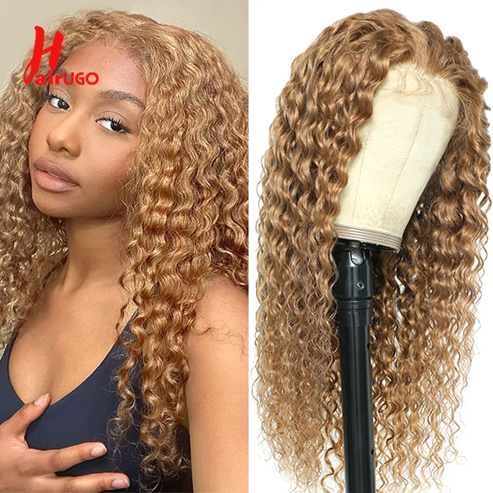 

HairUGo 27# Water Wave Lace Closure Wigs Human Hair 4x4 Closure Wig Remy Preplucked Colored Curly Human Hair Wigs For Women 180%