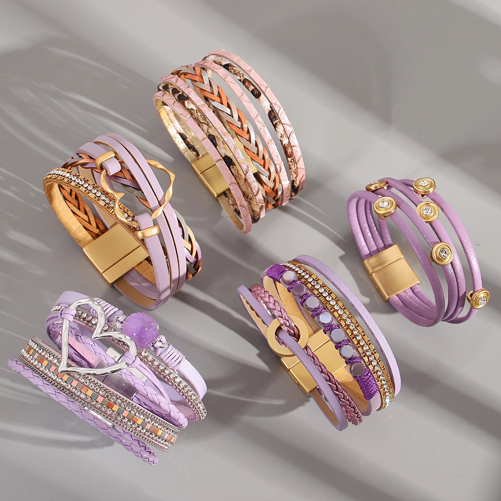 Amorcome Bohemian Stackable Woven Leather Bracelet for Women Hollow Heart Irregular Metal Buckle Bracelet Party Jewelry Gift