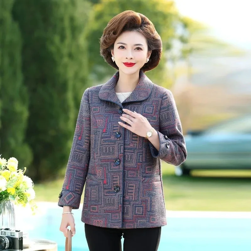 Mom's High-end Woolen Coat In Spring And Autumn 2024 New Middle-aged And Elderly Women's Long-sleeved Printed Woolen Coat Tide.