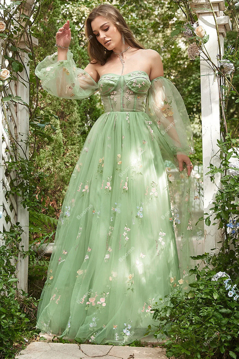 Booma Embroidery Lace Green Long Prom Dresses Sweetheart Off Shoulder Long Evening Dresses Boning Corset Graduation Party Gowns