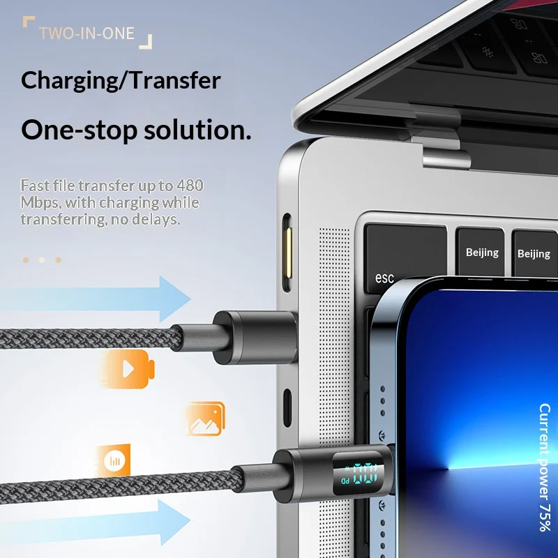 100W 1m/2m Real-time Digital Dispaly Type C to Type C Cable PD Fast Charger USB C to USB C Cable For iphone 15 16 Data Cord Wire