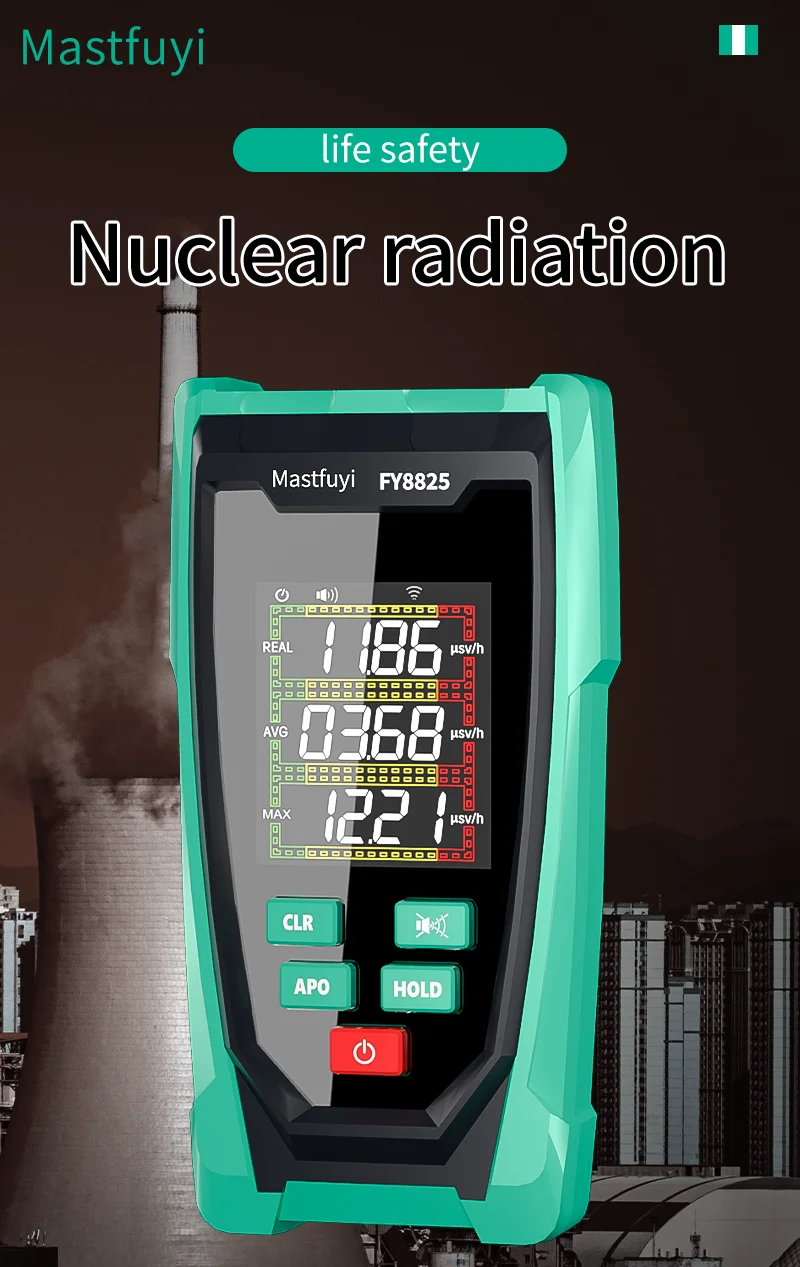MASTFUYI FY8825 Berührungsloser tragbarer Hochfrequenz-Hochfrequenz-Detektor für nukleare Strahlung, Strahlungsanzeige, 10.000 μSv/h (10 mSv/h), max