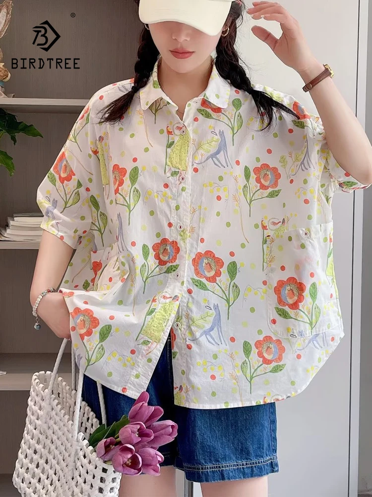 

New 2026 Summer Women Cotton Short Sleeve Shirt, Turn-down Collar Printed, Mori Girl Age Reduction INS Loose Blouse T66190CC