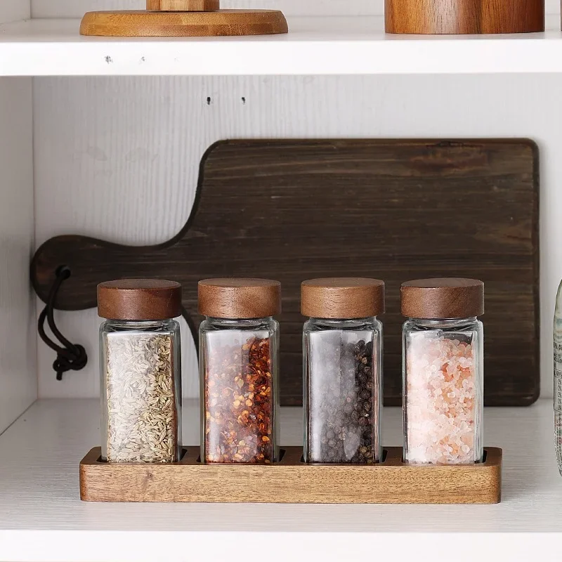 Glass Seasoning Jar Set Acacia Wood Cover Square Glass Bottle with Base Set Sealed Pepper Spice Jar Spices Organizer Kitchen