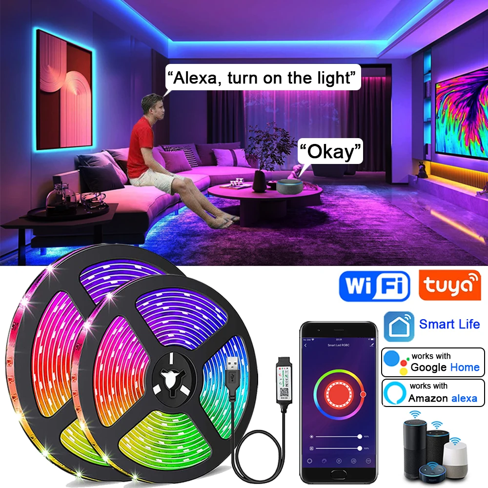 Smart Wifi Led Strip Lights RGB 5050 Led Tape Tuya Smart Life App Controlled, work with Alexa Google Home, for Party Room Decor