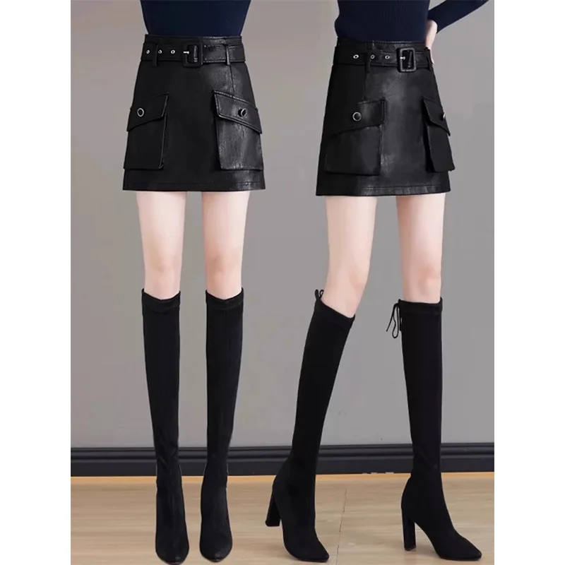 Y2K بو الجلود تنورة النساء ملابس العمل عالية الخصر التخسيس ألف خط الورك المعانقة قصيرة الخريف #5