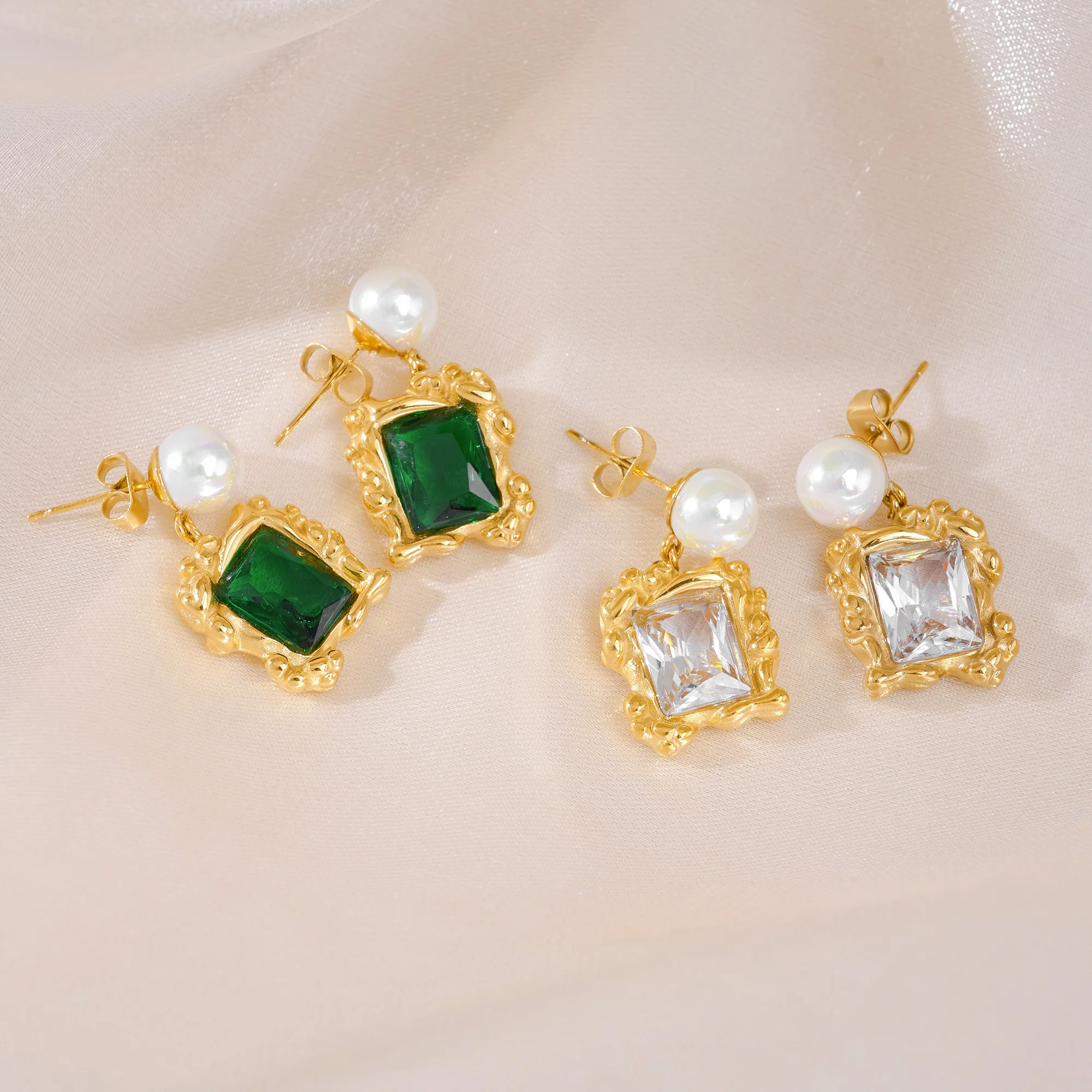 DASEIN Vintage Pearl Zircon Frame Design Drop Earrings for Women 18k Gold Plated Hypoallergenic Stainless Steel Dainty Jewelry