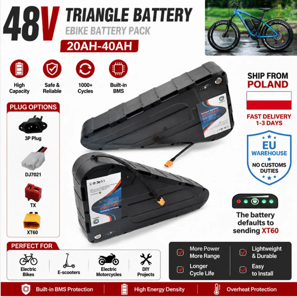 18650 Dreieck-Lithium-Akkupack 48V 20AH 25AH 30AH 35AH 40AH Modifizierter Mountainbike-Dreiecksrahmen E-Bike-Akku mit Ladegerät, Versand aus Polnischem Lager