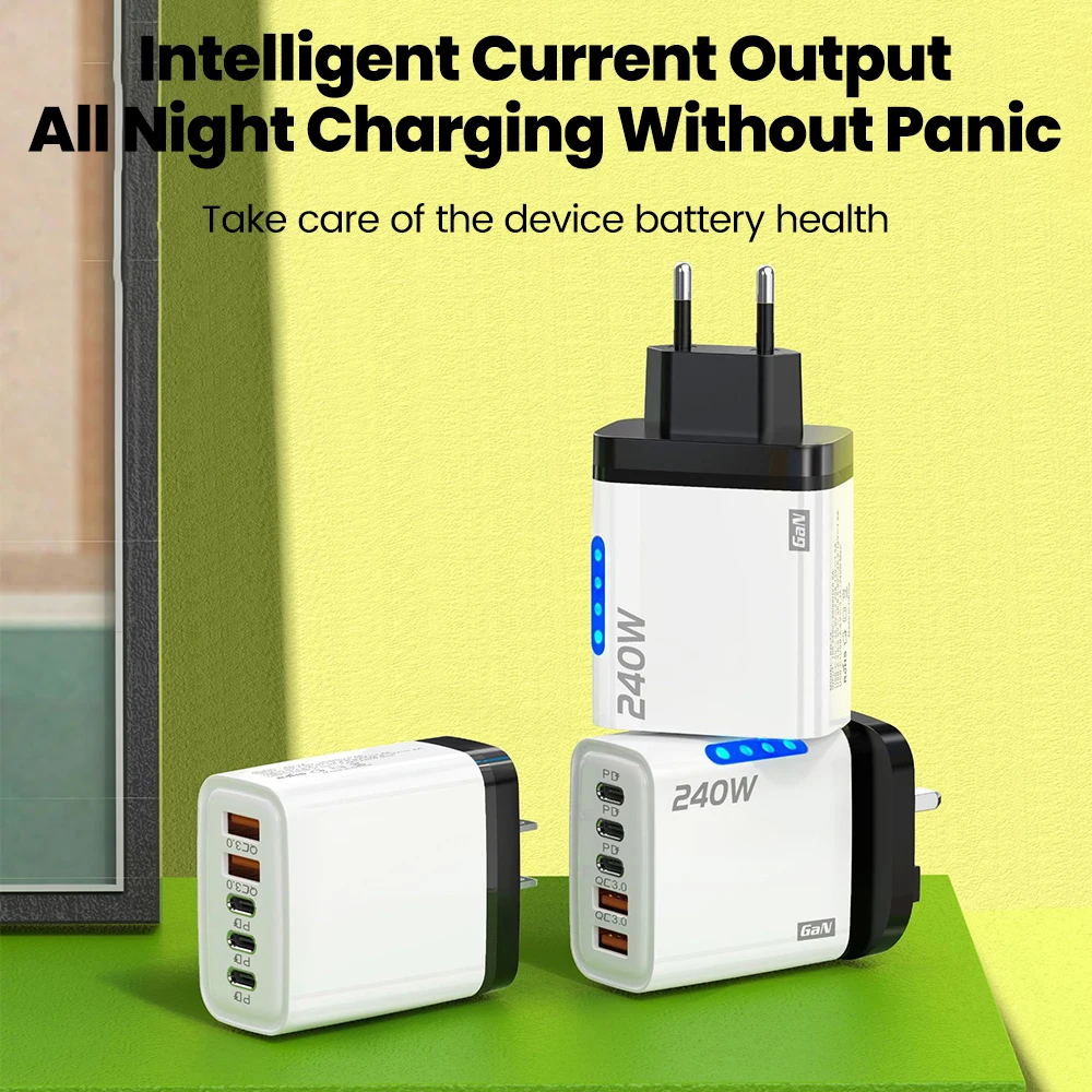 240 واط 5 منافذ 2USB + 3 نوع C شحن سريع LED شاحن الهاتف المحمول لشاومي هواوي آيفون سامسونج USB C الولايات المتحدة/الاتحاد الأوروبي مهايئ شاحن