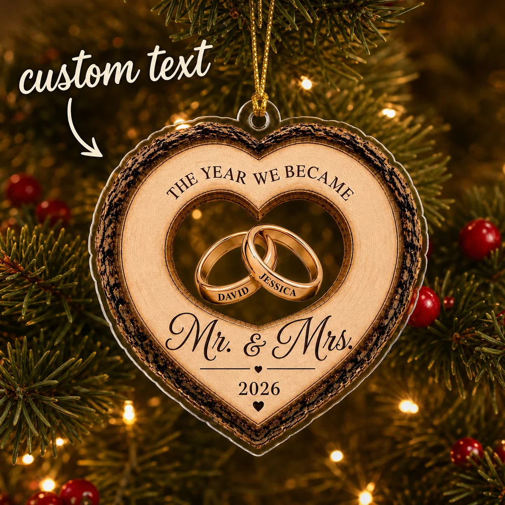 Personalized Name Box - カスタムテキストハート型クリスマスツリーオーナメント、新婚夫婦向けパーソナライズされた名前とテキストの記念品、クリスマスや記念日のギフト