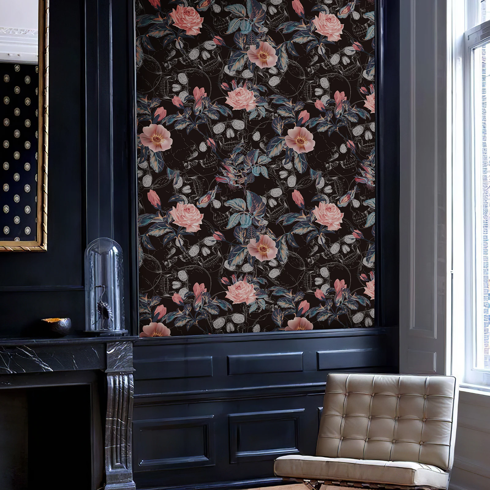 Retro Halloween Skull Rose Wallpaper Waterproof Peel And Stick Festival Wall Contact Paper Chic Pink Flower Cabinet Sticker