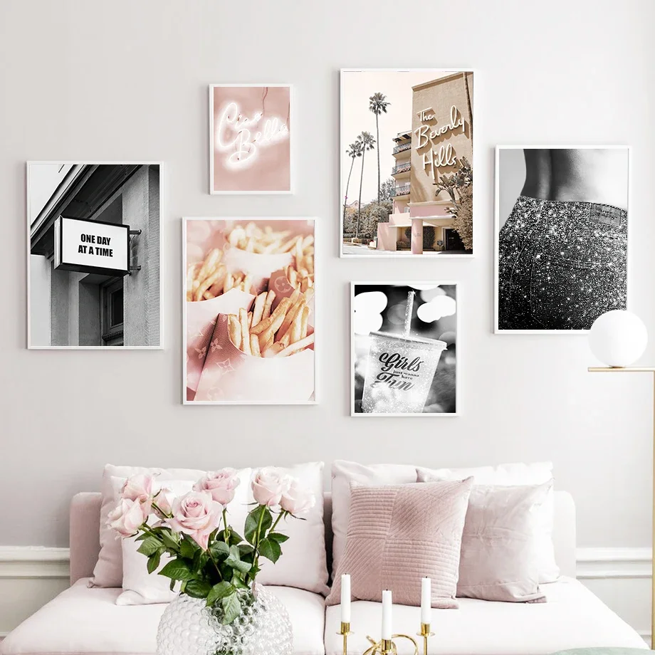 Blush Pink Girly Wall Art Prints Trendy Beverly Hills Neon Posters French Fries Glitter Quote Canvas Art Teen Girl Dorm Decor