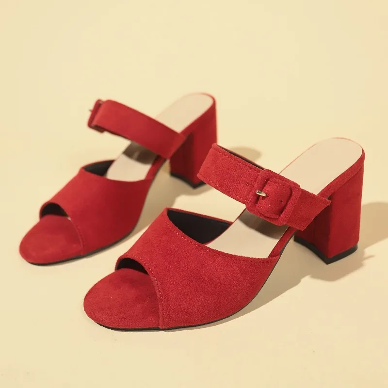 

Summer New Coarse Slippers Women Fashion Round Head Open Toe Suede Metal Buckle Anti-slip Wear-resistant High Heels