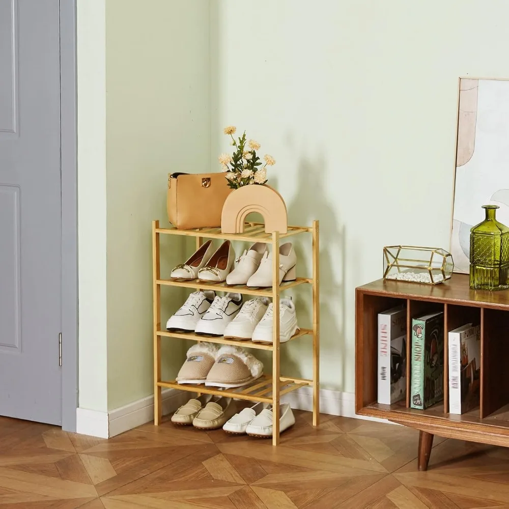 for Entryway Closet 4 Tier Narrow  Stackable Organizer Storage Bamboo Shoe Rack Vertical Small Shoe Rack Room