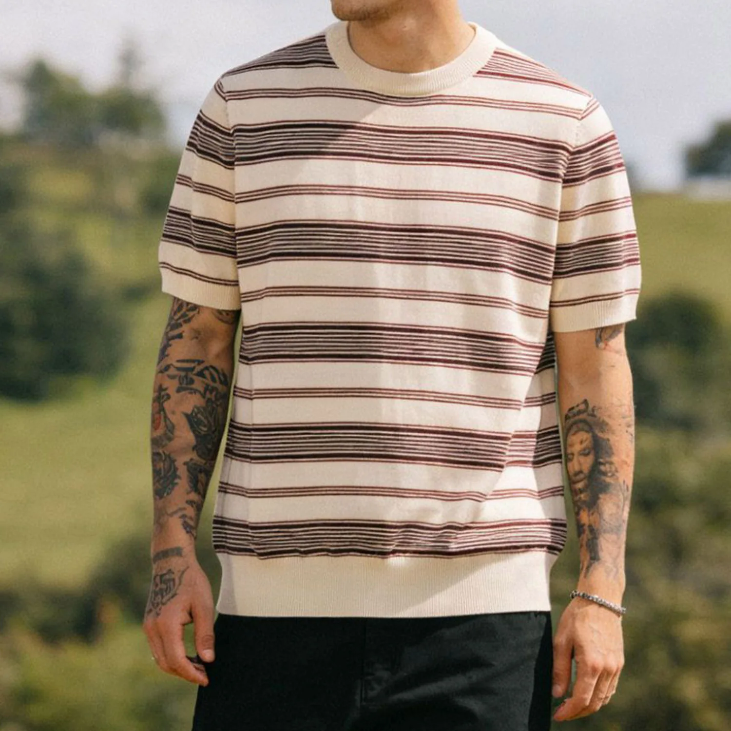 Male Shirts Heavy Thick Knitted Striped Crew Neck T Shirt Fashion Retro Casual Daily Summer Street