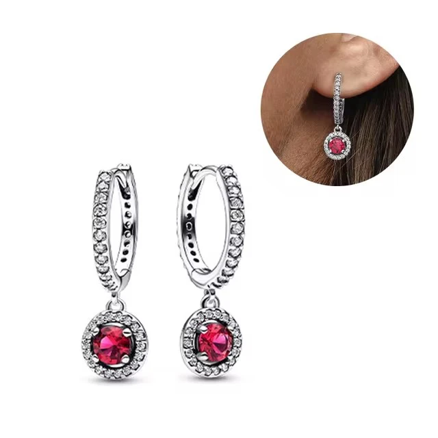 2024 Valentine's Day 925 Sterling Silver Red Sapphire Earrings Pink Round Sparkling Earrings Pandor Exquisite Jewelry Ladies