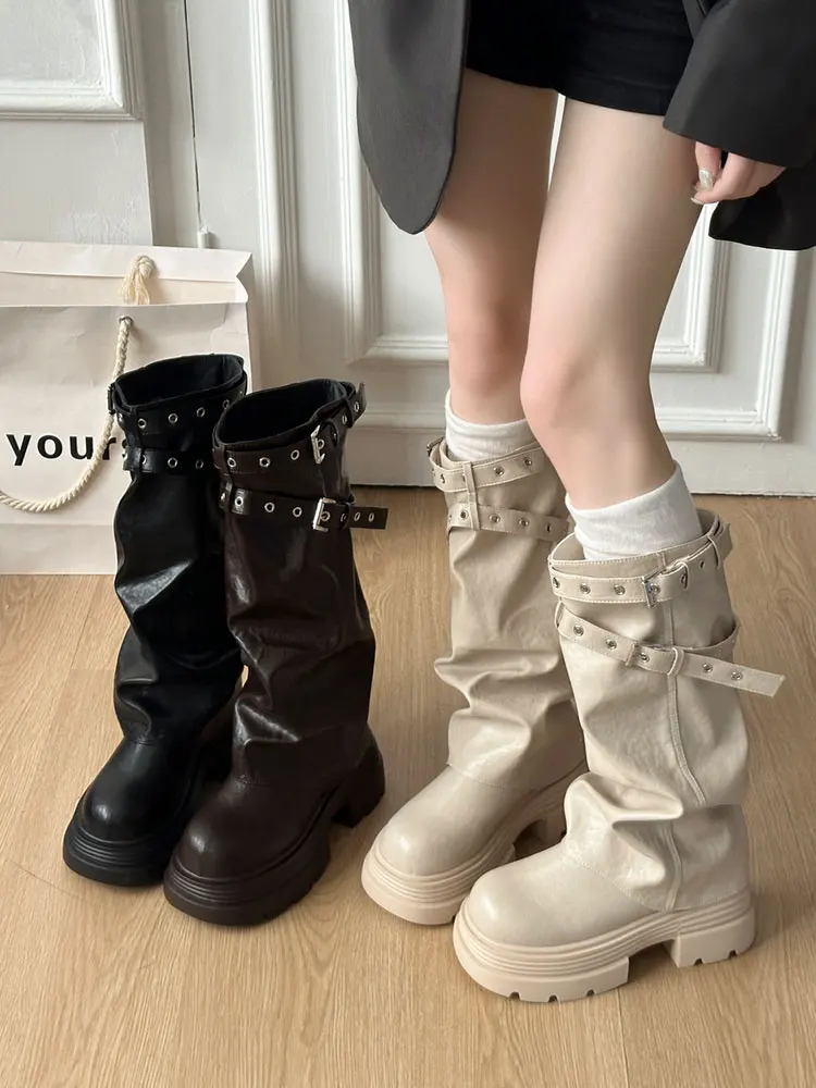 Botas Femininas Retrô de Cano Longo com Cinto e Punho, Bico Redondo, Estilo Britânico, Impermeáveis, de Fibra Ultrafina
