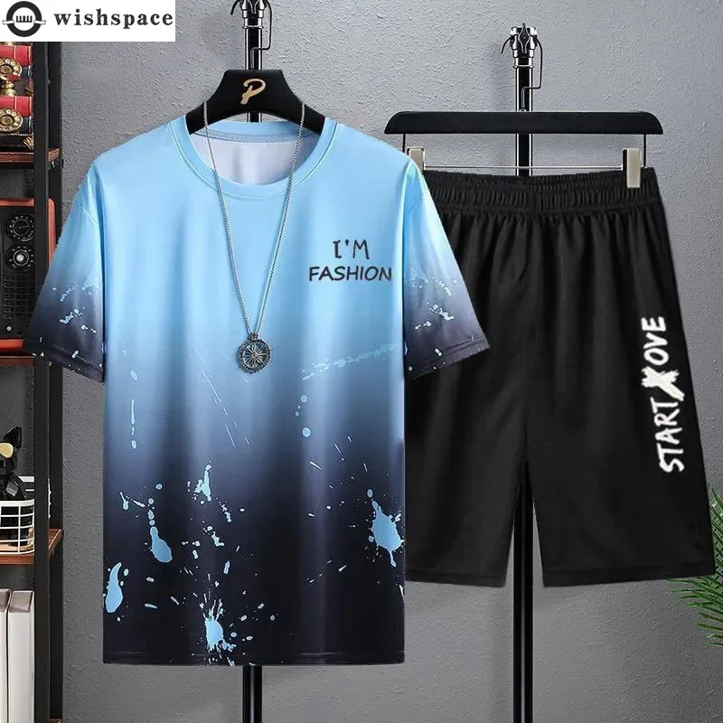 

2022 Summer Ice Silk Men's Pants Set Gradient Short Sleeve T-shirt Casual Shorts Two Piece Suit Outdoor Sportswear Tracksuits